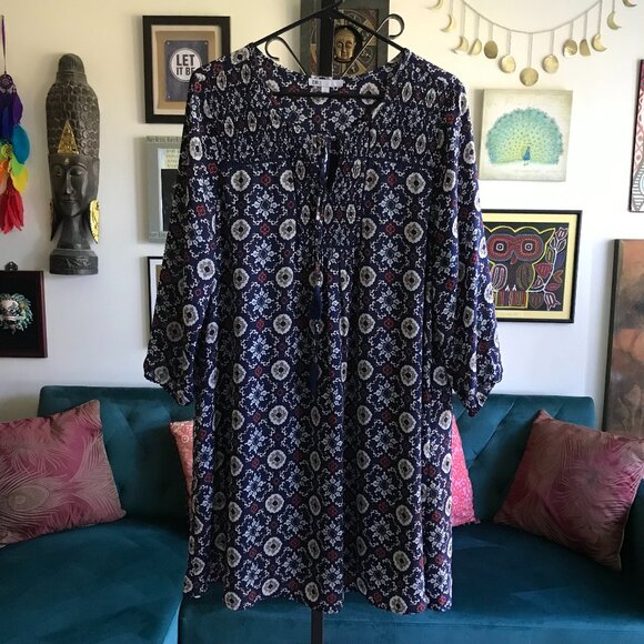 DR2 size L Navy Blue Russet & Ivory Print Tasseled Smocked Peasant Dress Pockets - Picture 1 of 5